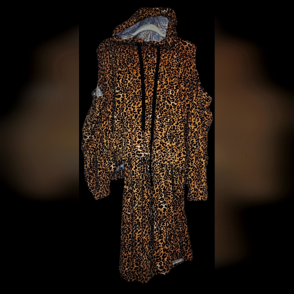Leopard Print Hoodie With Open Shoulders, Pants 2 Peice Set